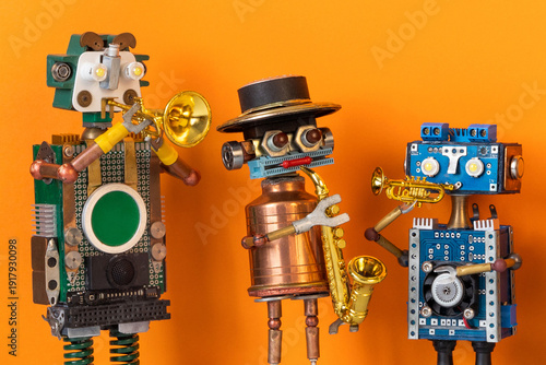 Trio of funny toy robot musicians playing wind instruments, trumpet and saxophone. Jazz festival poster, children's concert flyer, music event banner