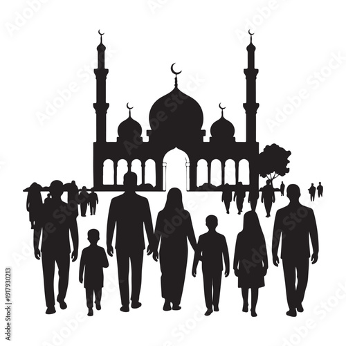 A large congregation of Muslim men praying in front of a mosque during a religious observance