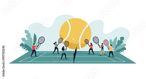 Tennis Players in Action on Court.