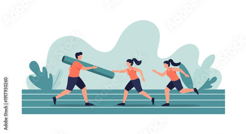 Three People Running with Large Tube.