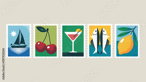 Colorful vintage postage stamps in a horizontal vector set, showcasing identical proportions and ornate decorative edges for nostalgic designs.