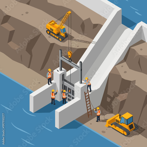 Construction workers building a lock or dam in a river.