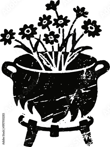 Black cauldron with flowers inside standing on a tripod stand vintage grunge illustration of a pot with blooming plants