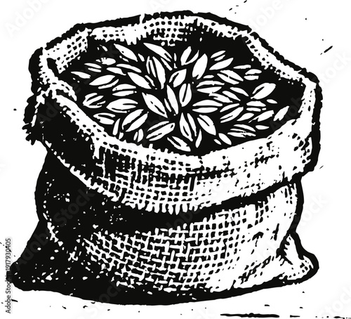 hemp bag full of grains or seeds rustic sack with agricultural harvest content vintage illustration