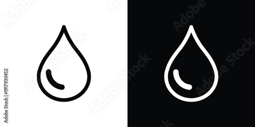 Minimalist water drop icon in linear and solid styles. Clean liquid droplet symbol for nature, plumbing, or skincare design. Black and white vector set isolated on a dual-tone background.