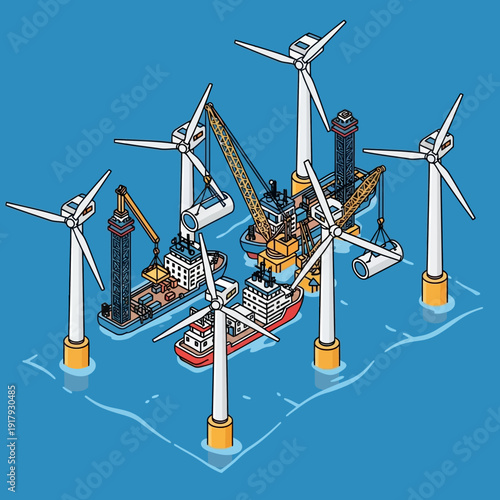 Offshore wind farm construction with turbines and installation vessel.