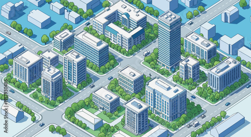 Modern cityscape with sleek office buildings and lush greenery.