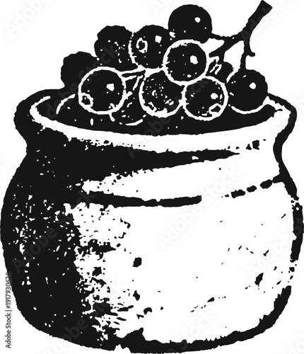 Vintage illustration of a rustic pot filled with berries on the branch