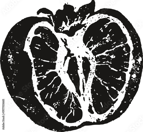 black and white illustration of sliced citrus fruit half with seeds and segments detail
