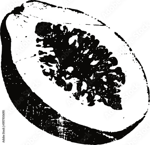 Black and white melon slice illustration with seeds, textured vintage fruit drawing, fresh tropical food design