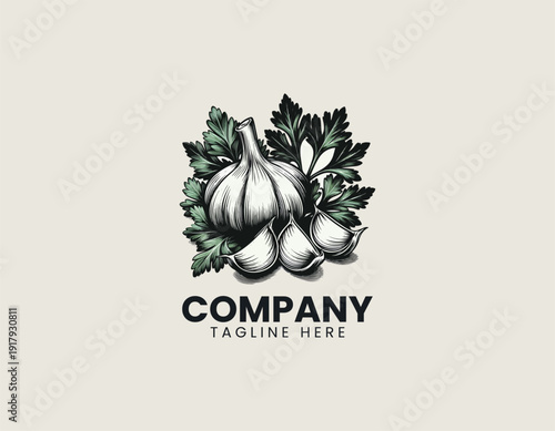 Fresh garlic with separate cloves and green parsley leaves black vector logo illustration white background