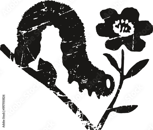 Black caterpillar on flower branch silhouette with rough textured effect