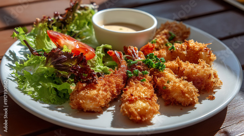 Coconut Crusted Fried Shrimp with Creamy Dipping Sauce and Salad