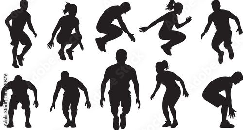 Silhouettes of people running and jumping in various poses