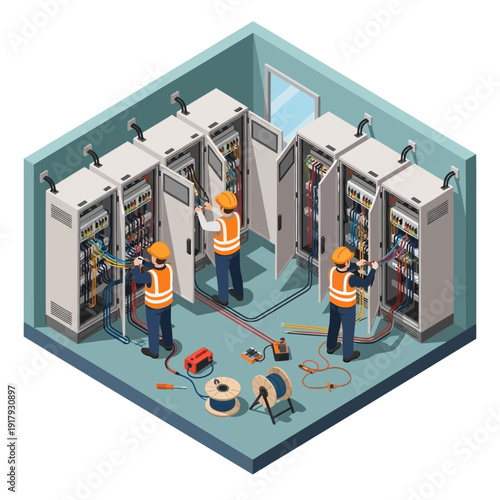 Technicians Maintaining Server Room Equipment and Infrastructure.