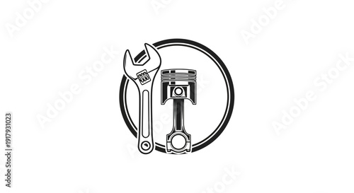 Automotive Repair Icon with Wrench and Piston in Circle