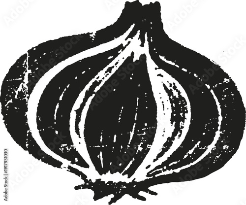 Vintage black and white onion illustration halved vegetable with textured lines and shading