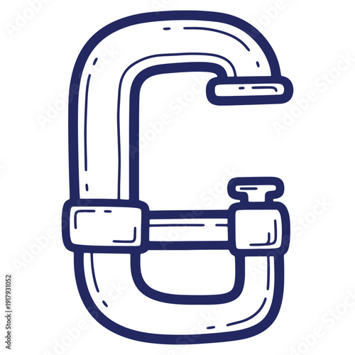 Stylized Illustration of a Metal Clamp Tool with Blue Outlines on White Background Great for Various Creative Projects
