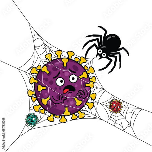 A frightened virus character is caught in a spider's web, symbolizing entrapment and facing a predatory threat.