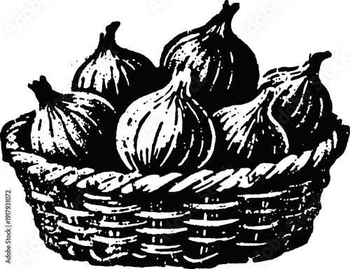 Basket of fresh figs illustration detailed black and white fruit drawing with rustic woven basket healthy ripe fig fruits vintage