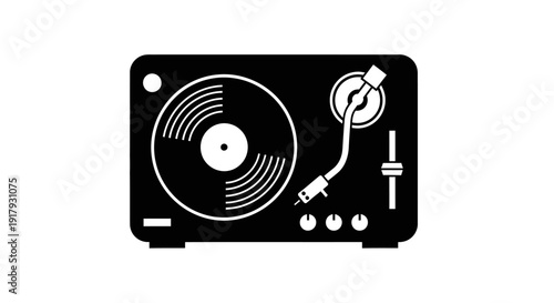Black and White Turntable Icon with Vinyl Record - Music DJ Equipment Graphic