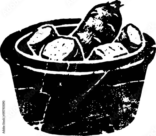 Basket with fresh artichokes and potatoes black and white illustration