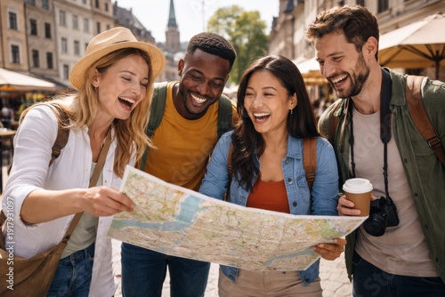 Group of friends reading map and exploring city together