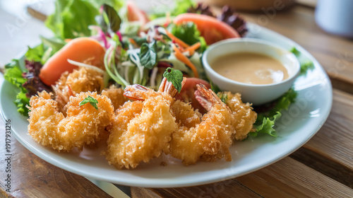 Breaded Fried Shrimp with Salad and Creamy Dressing on White Plate