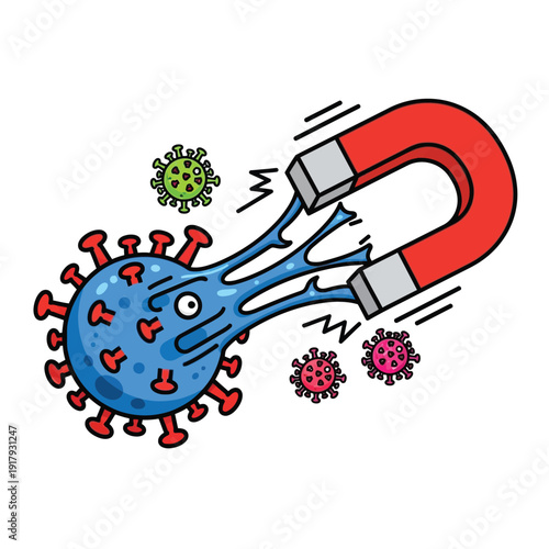 A stylized cartoon virus is being pulled towards a red horseshoe magnet, symbolizing attraction and spread of infection.