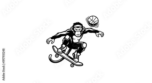 Cartoon Monkey Skateboarding with Basketball - Dynamic Black and White Illustration