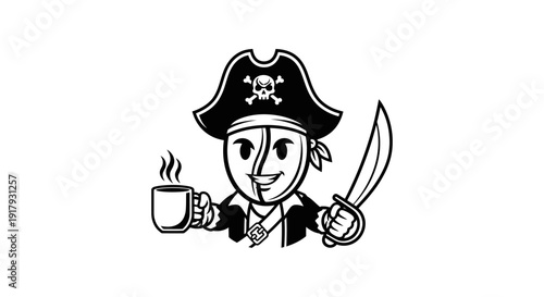 Cartoon Pirate Mascot with Coffee Cup and Sword - Black and White Illustration