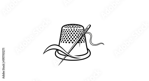 Classic Sewing Tools: Thimble, Needle, and Thread Line Art Illustration