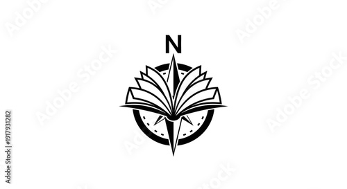 Compass Rose with Open Book Icon Representing Knowledge and Direction