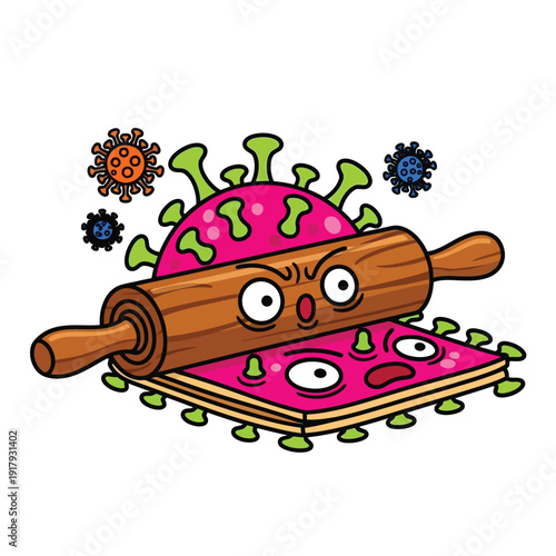 A pink cartoon virus with a sad expression is being pressed flat by a wooden rolling pin, representing suppression or pressure.