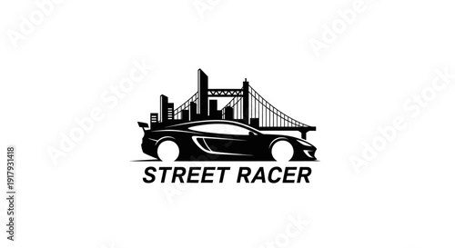 Dynamic Sports Car Silhouette with Urban Cityscape and Bridge Background