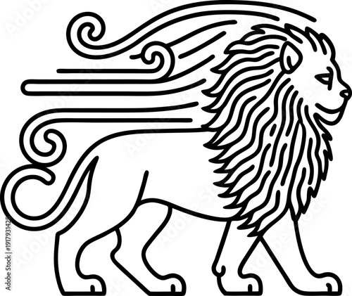 Stylized lion with flowing mane line art animal design with elegant lines and decorative swirls
