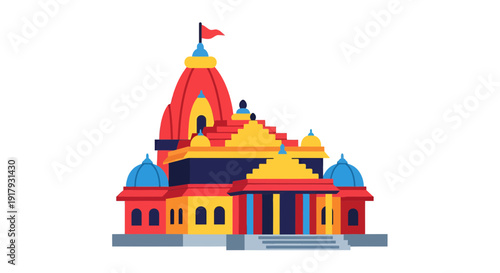 Hindu Temple Vector Illustration, Colorful Flat Design for Religious Concepts
