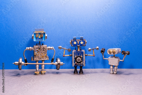 Robot trio lifting barbell and dumbbells. Weightlifting sport concept, gym advertisement flyer