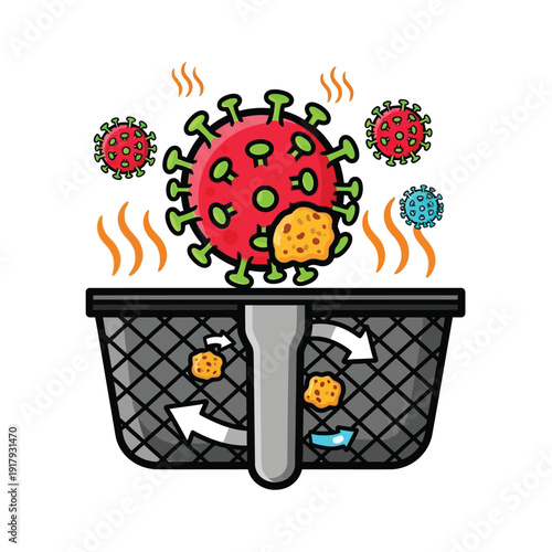 A red cartoon virus is being cooked in an air fryer, with fried pieces flying out, suggesting elimination or a new form.