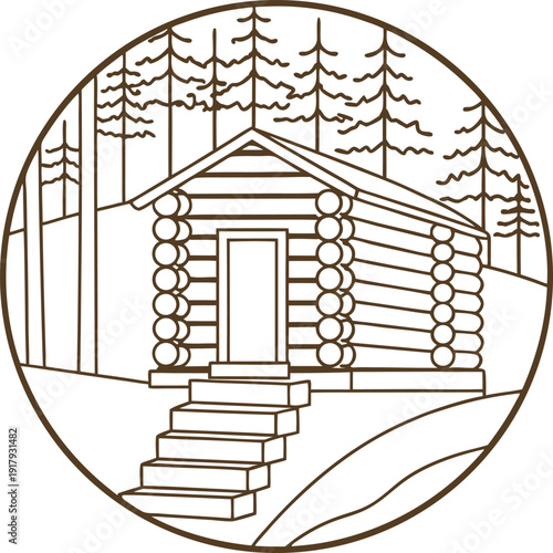 Log cabin in forest wood timber house with stairs surrounded by tall trees rural nature landscape illustration