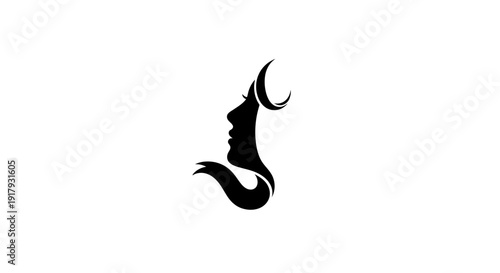 Elegant Woman Profile Silhouette with Crescent Moon and Flowing Abstract Lines