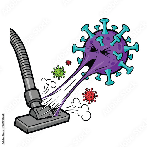 An angry, purple virus character is forcefully sucked into a vacuum cleaner hose, illustrating its removal and elimination from a space.