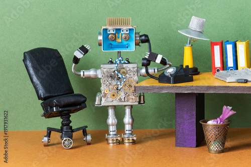 Vintage office scene with smiling robot manager at desk with rotary phone, leather chair, folders and lamp. Workplace design concept, corporate interior poster