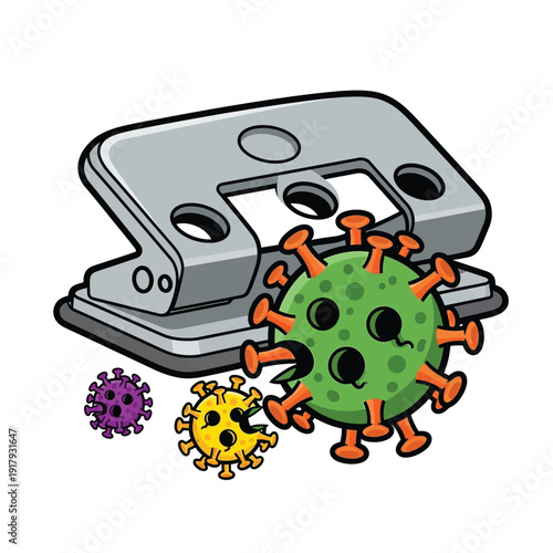 A green virus character appears to be struggling near a hole punch, suggesting it is being perforated or eliminated by office equipment.