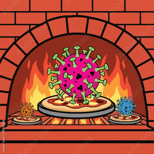 Humorous cartoon viruses are shown as pizza toppings in a hot brick oven, representing overcoming or dealing with a viral threat.