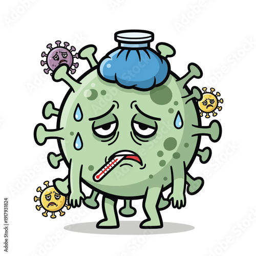 A green virus character looks sick with a thermometer in its mouth and an ice pack on its head, surrounded by other worried viruses.