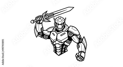 Futuristic Robot Warrior with Sword Line Art Illustration