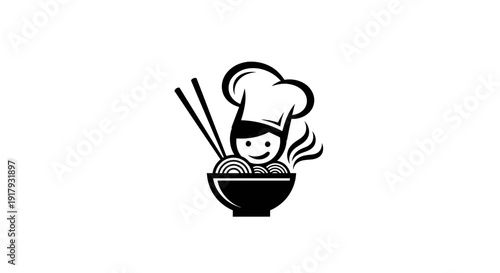 Happy Chef with Noodles and Chopsticks Logo Icon