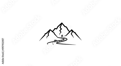 Minimalist mountain landscape with winding path, hiker, and car. Adventure travel concept line art.