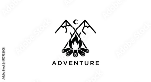 Minimalist Mountain Campfire Adventure Logo Design with Crescent Moon